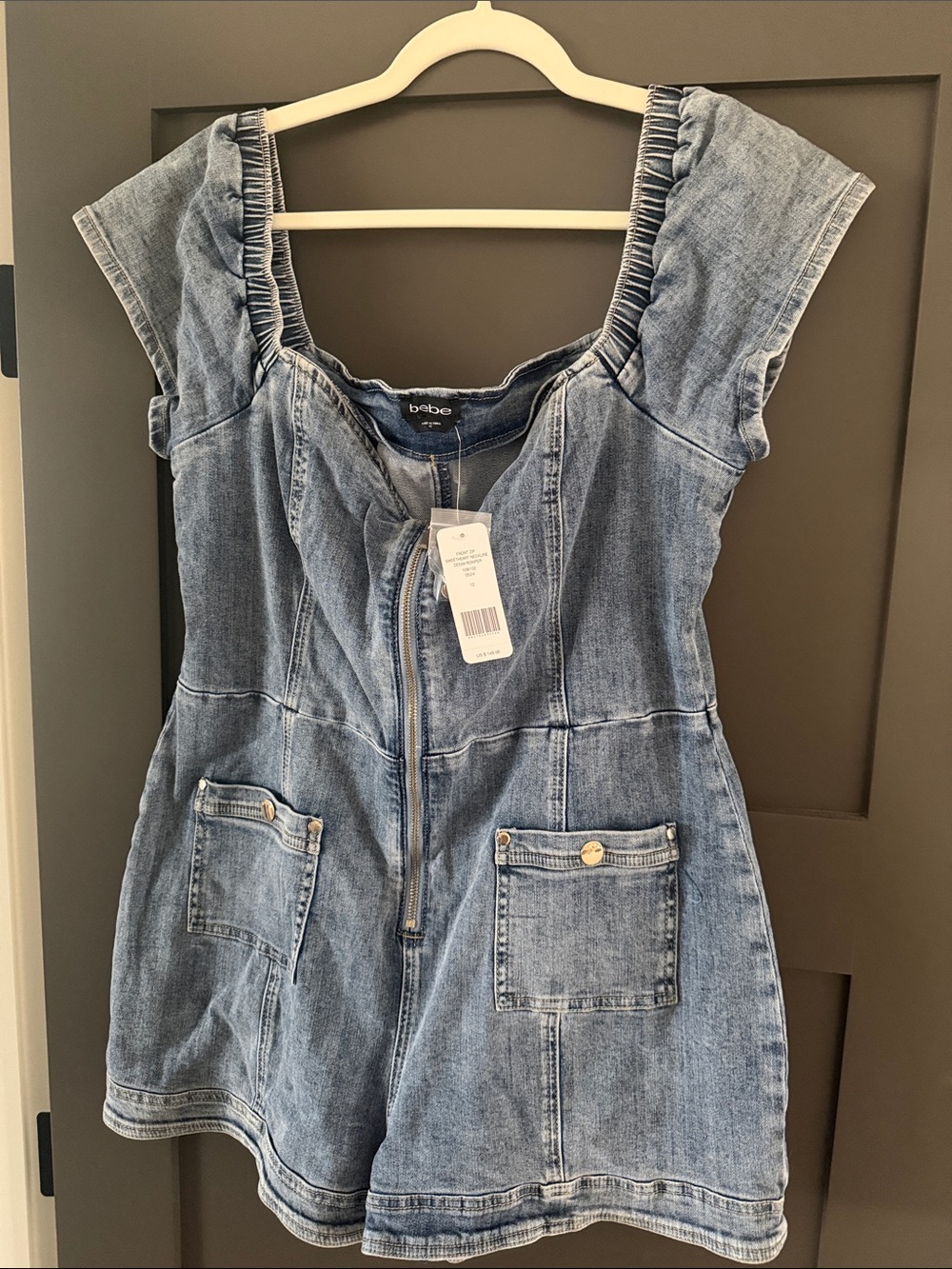bebe Light Blue Denim Romper with Front Zip